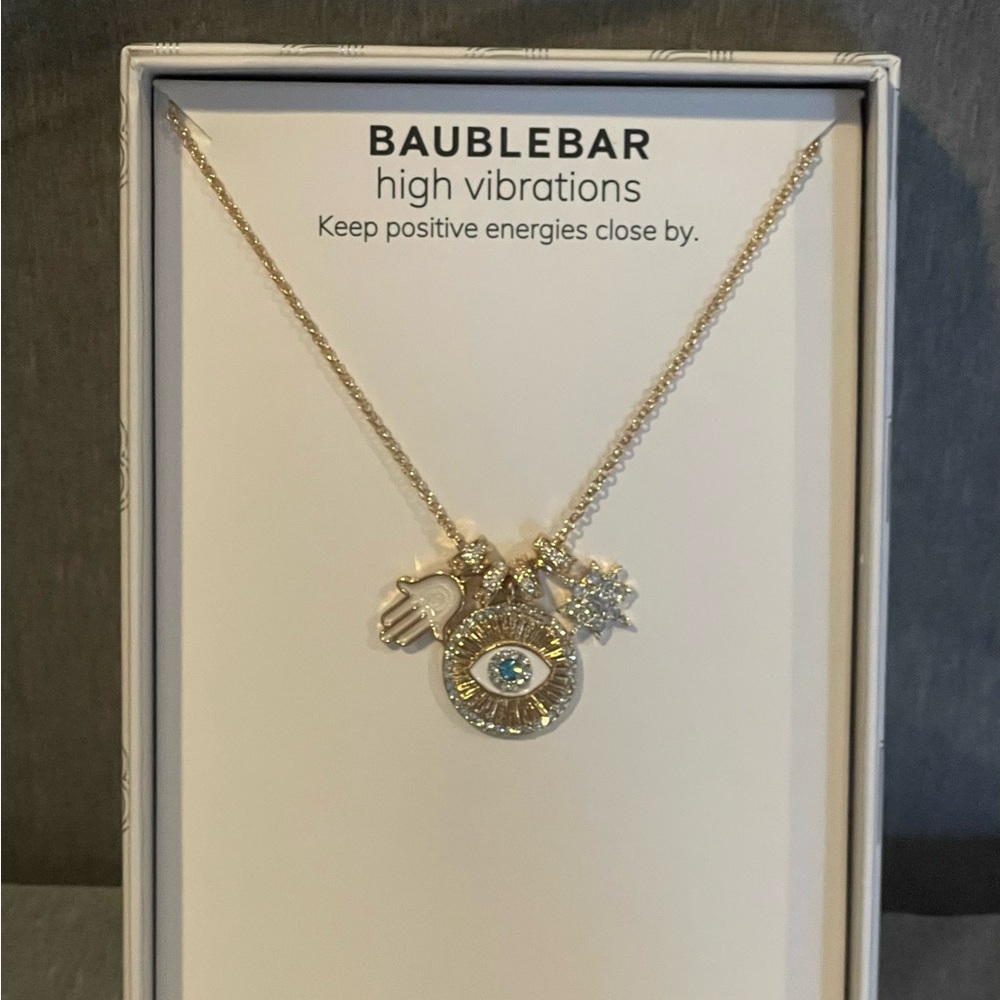 NIB BaubleBar Evil Eye Charm Necklace Gold Tone Hamsa Pendant